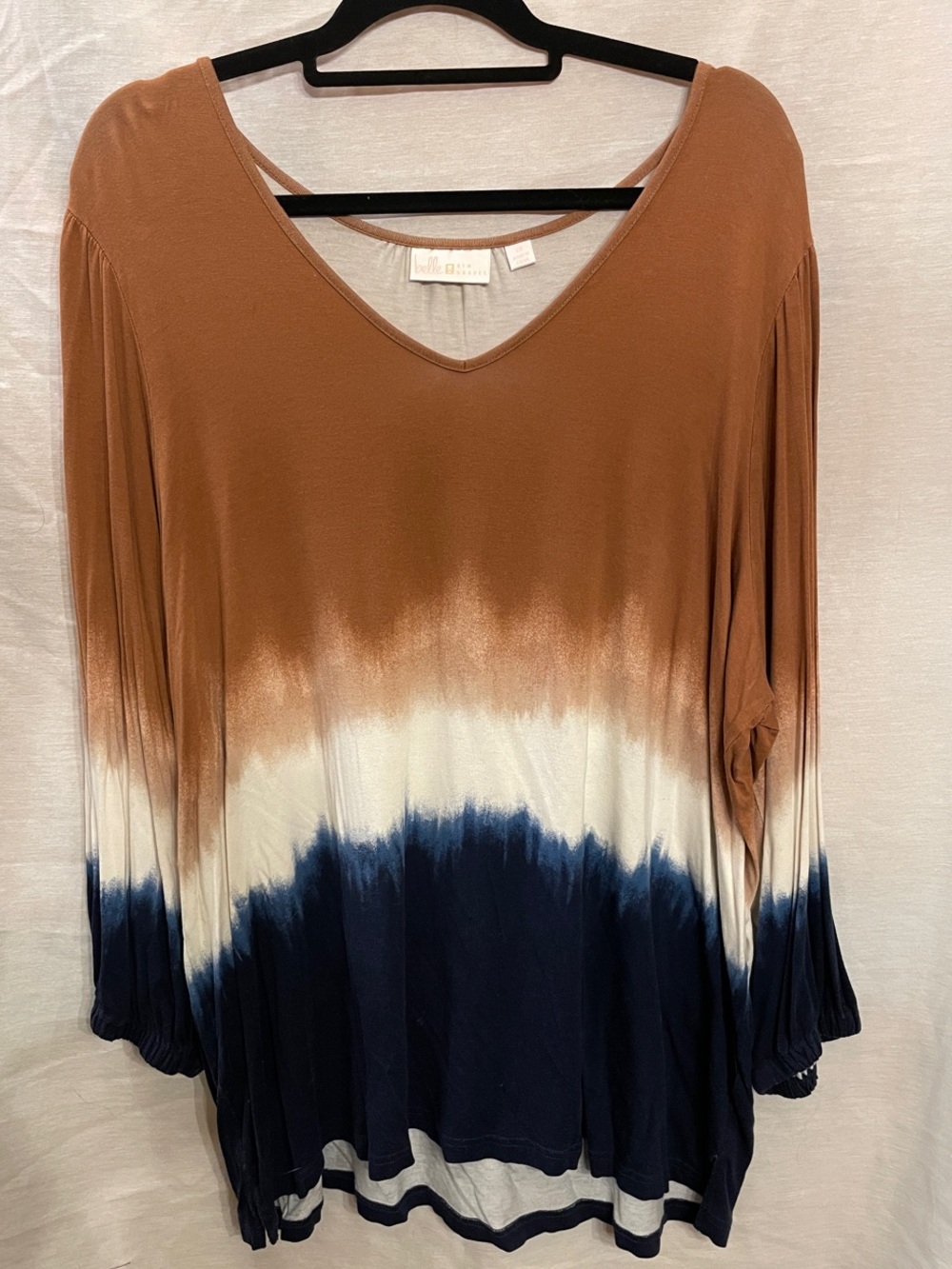 Belle by Kim Gravel Brown White Navy Dip-Dye V-Neck Tunic